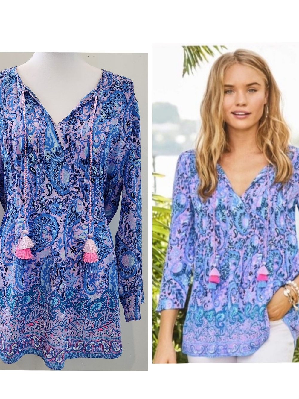 Lilly Pulitzer Boho Blouse Paisley Tunic Tassel V-Neck Top Beach Chiffon Size L